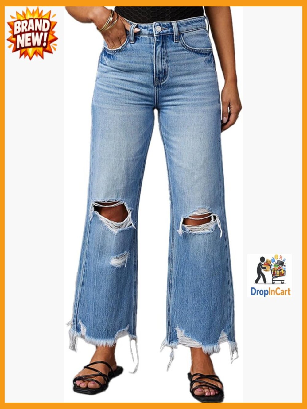 Women's Ripped Bell Bottom Jeans High-Rise Distressed Raw Edge Hem Boyfriend